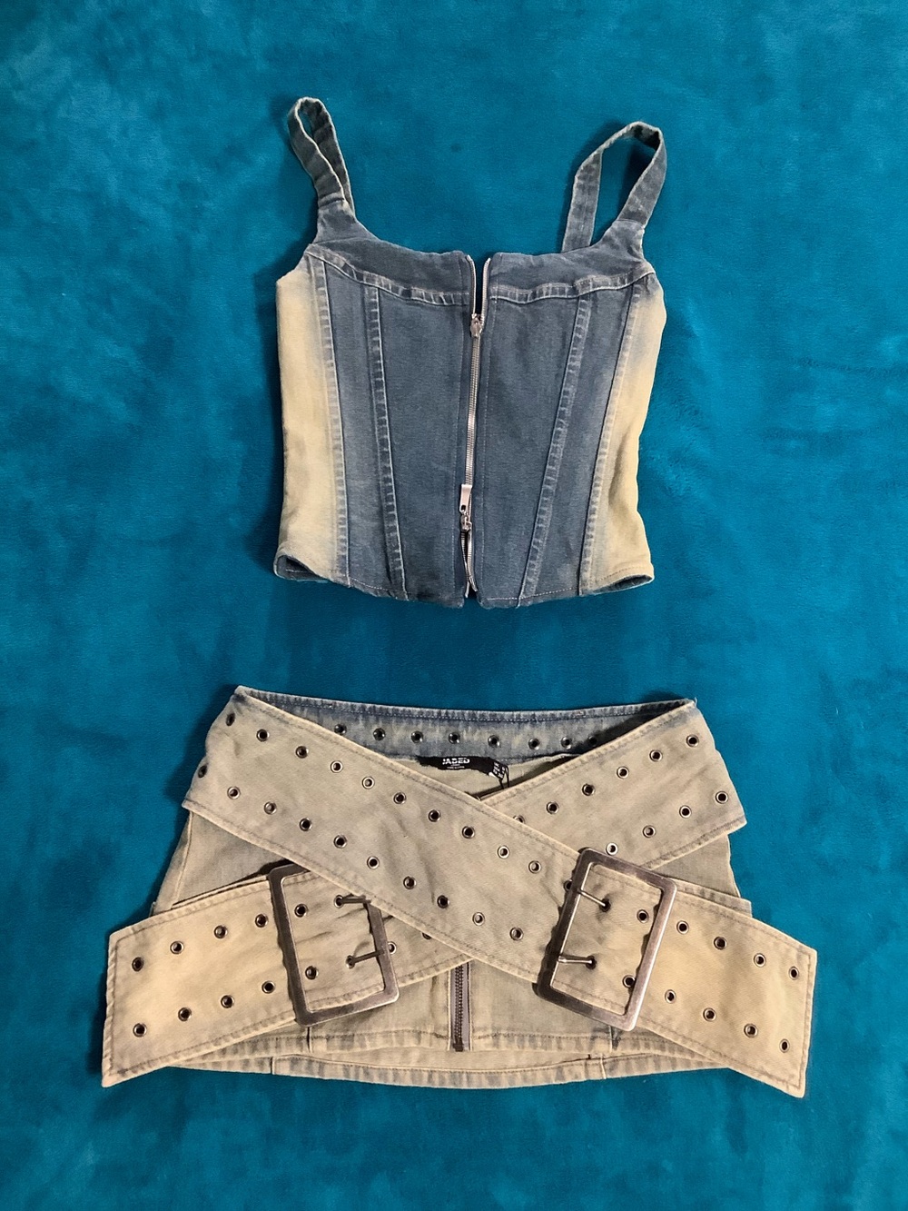 Jaded London Denim Wrap Around Belt Micro Mini Skirt BDENIM Zip Front Corset Top - Picture 1 of 14